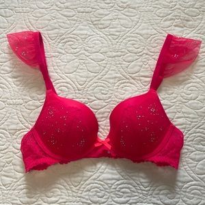 Victoria’s Secret read and rhinestone push-up bra